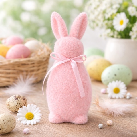 FLOKOWANY ZAJĄCZEK RÓŻOWY 15cm OZDOBA WIELKANOCNA
